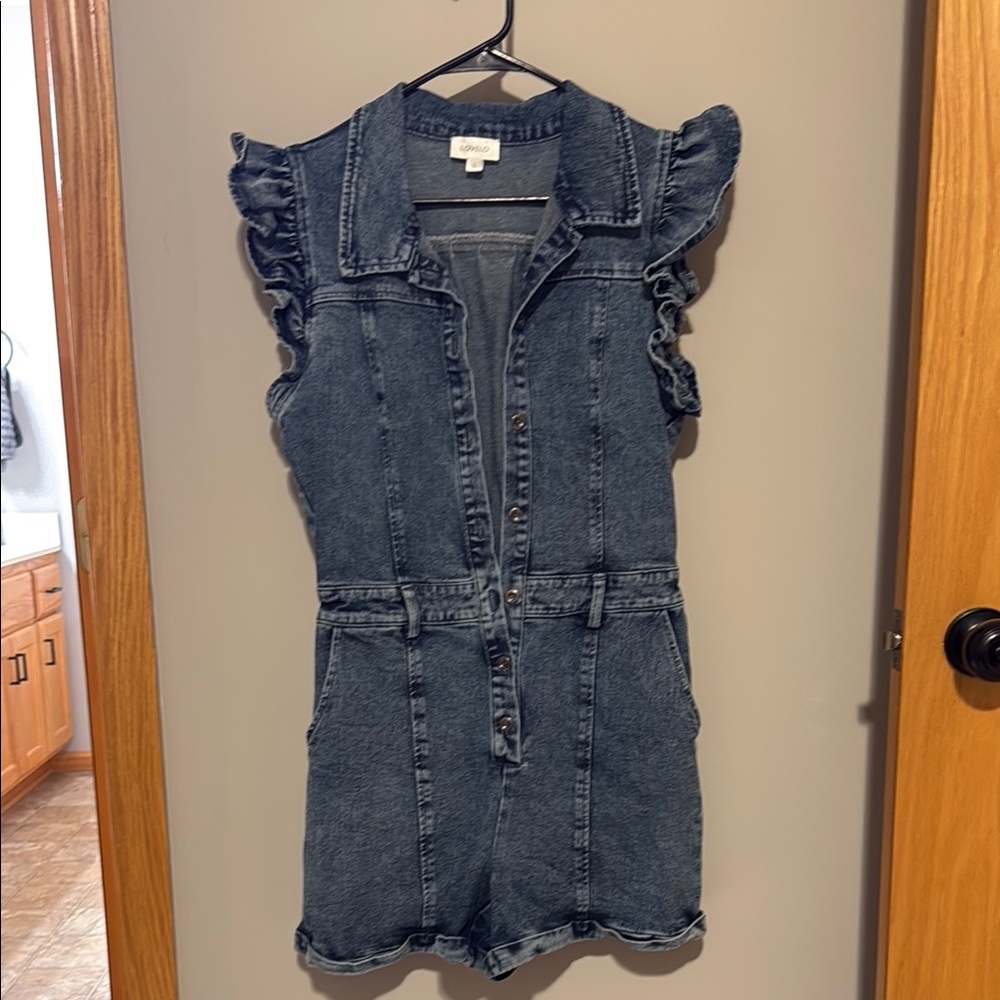 Denim Romper with ruffle sleeves